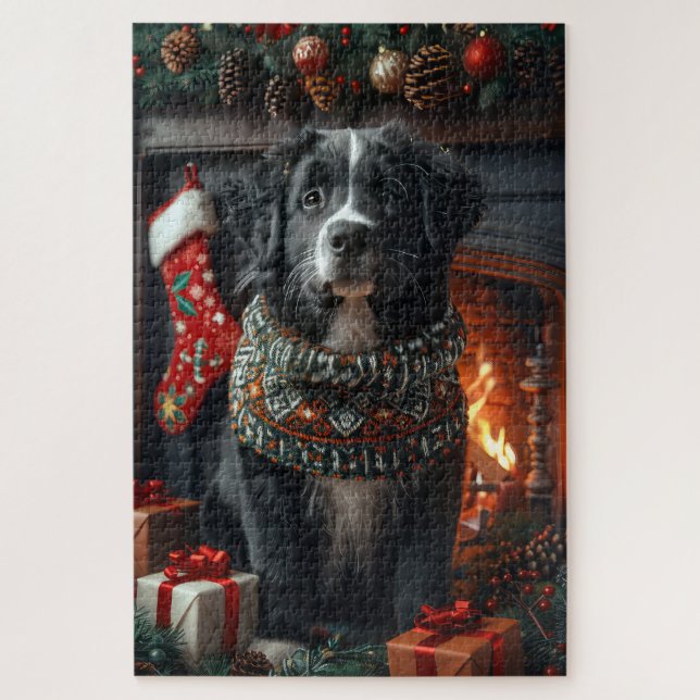 Puzzle Chien Terre-Neuve avec cheminée de cadeaux de Noël (Vertical)