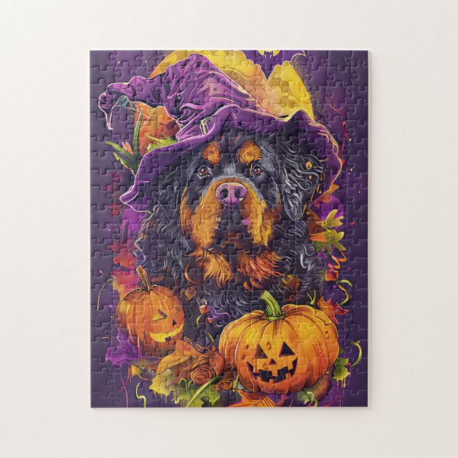 Puzzle Chien tibétain mastiff effrayant Halloween Sorcièr (Vertical)