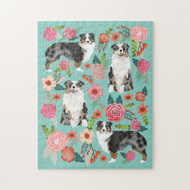 Puzzle Chien Vintage de Florals, berger australien (Vertical)