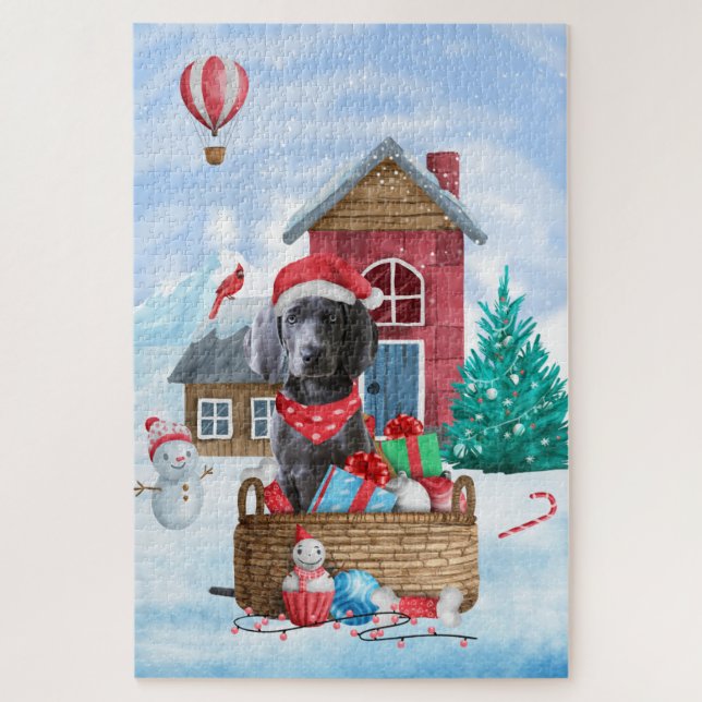 Puzzle Chien Weimaraner dans la maison de Noël enneigée (Vertical)