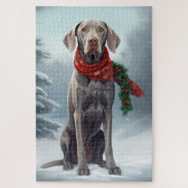 Puzzle Chien Weimaraner dans la neige de Noël (Vertical)