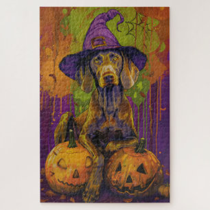Puzzle Chien Weimaraner effrayant Halloween Sorcière et C