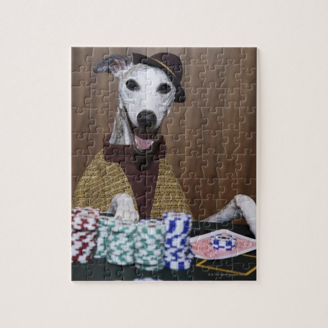 Puzzle Chien Whippet habillé à la table de jeu (Vertical)