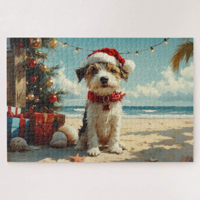 Puzzle Chien Wire Fox Terrier Noël Plage Vintage (Horizontal)