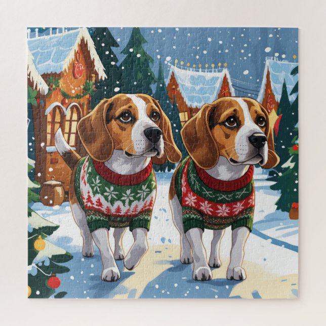 Puzzle Chiens Beagle Noël Neige Fêtes (Vertical)