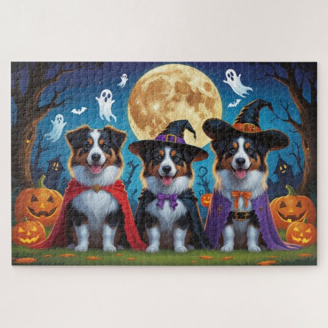 Puzzle Chiens bergers australiens Citrouille Halloween dr (Horizontal)