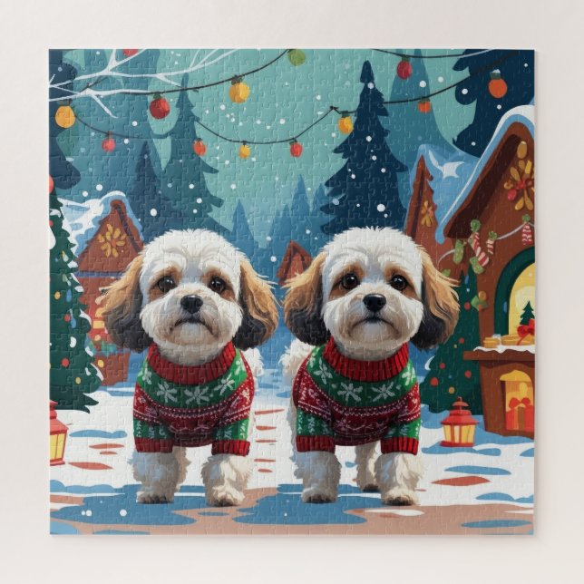 Puzzle Chiens Bichon Frise Noël Neige Fêtes (Vertical)