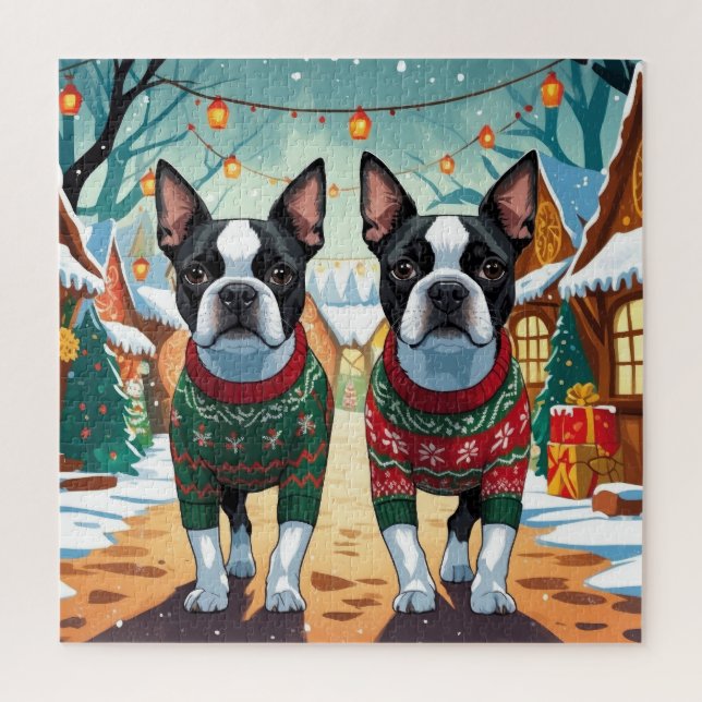 Puzzle Chiens Boston Terrier Noël Neige Fêtes (Vertical)