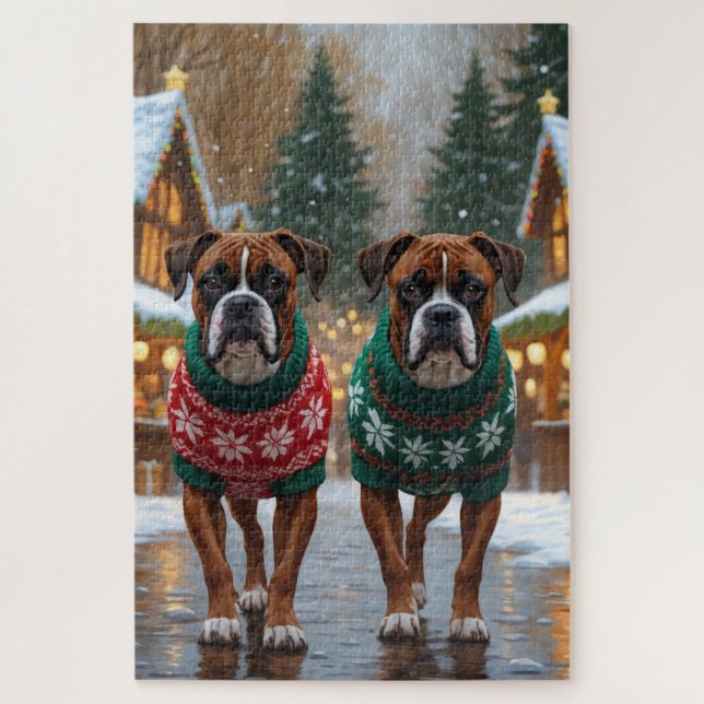 Puzzle Chiens Boxers Noël Neige Fêtes (Vertical)