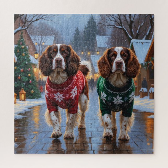 Puzzle Chiens Brittany Spaniel Noël Neige Fêtes (Vertical)
