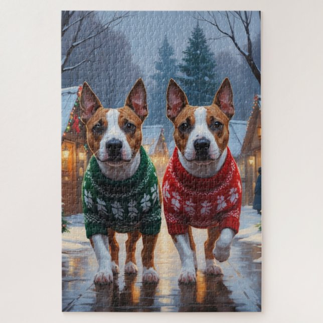 Puzzle Chiens Bull Terrier Noël Neige Fêtes (Vertical)