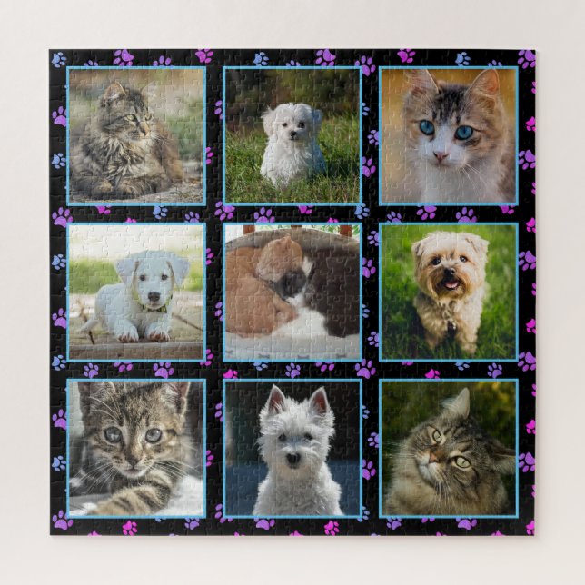 Puzzle Chiens Chats Bleu violet rose Empreintes de pattes (Vertical)