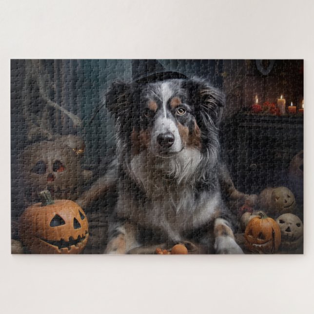 Puzzle Chiens de berger australiens Citrouilles Halloween (Horizontal)