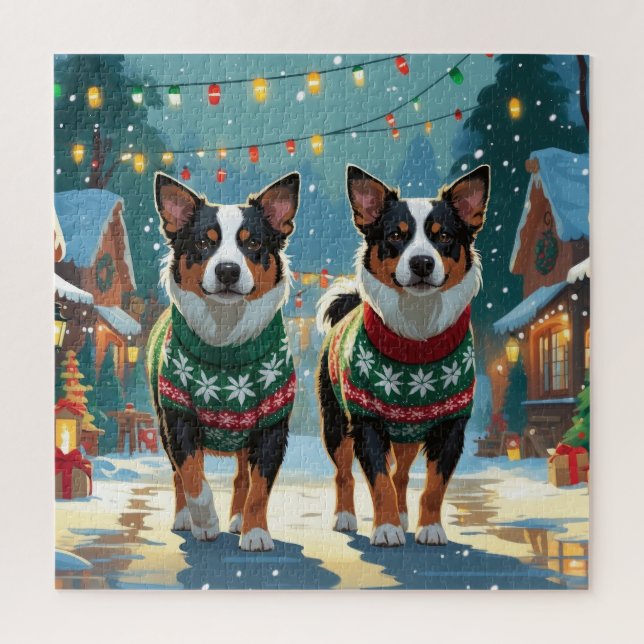 Puzzle Chiens de berger australiens Noël Neige Vacances (Vertical)