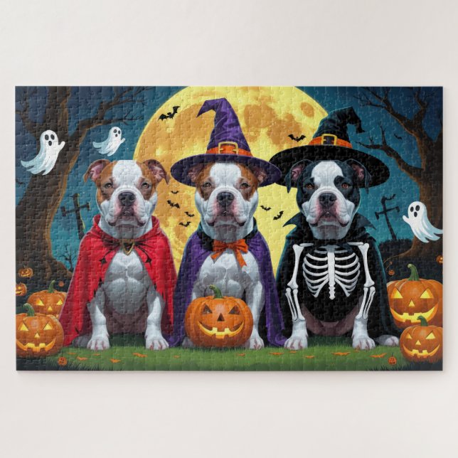 Puzzle Chiens de Pitbull Citrouille Halloween drôle (Horizontal)