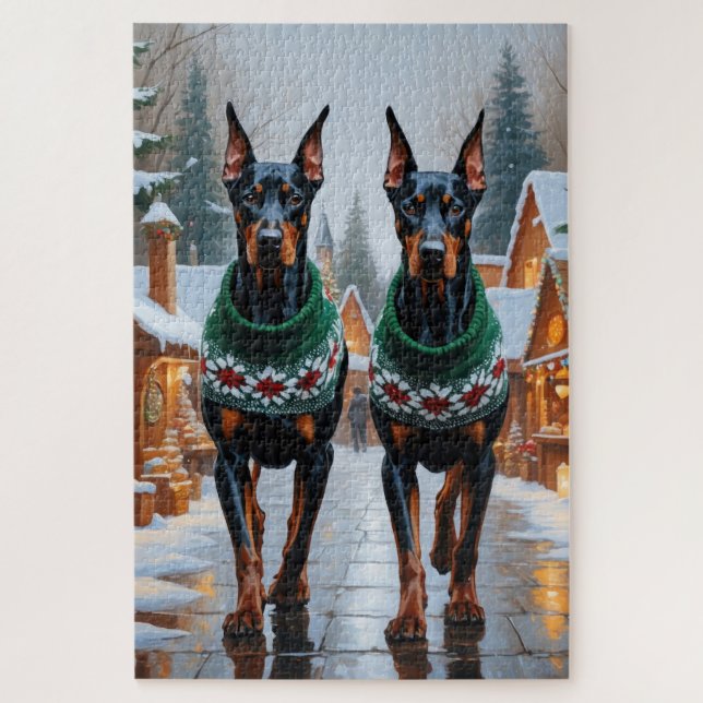 Puzzle Chiens Doberman Noël Neige Fêtes (Vertical)