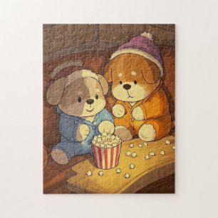 Puzzle Chiens en caricature chiots avec popcorn