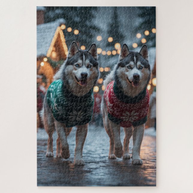 Puzzle Chiens Husky Sibérien Noël Neige Vacances  (Vertical)