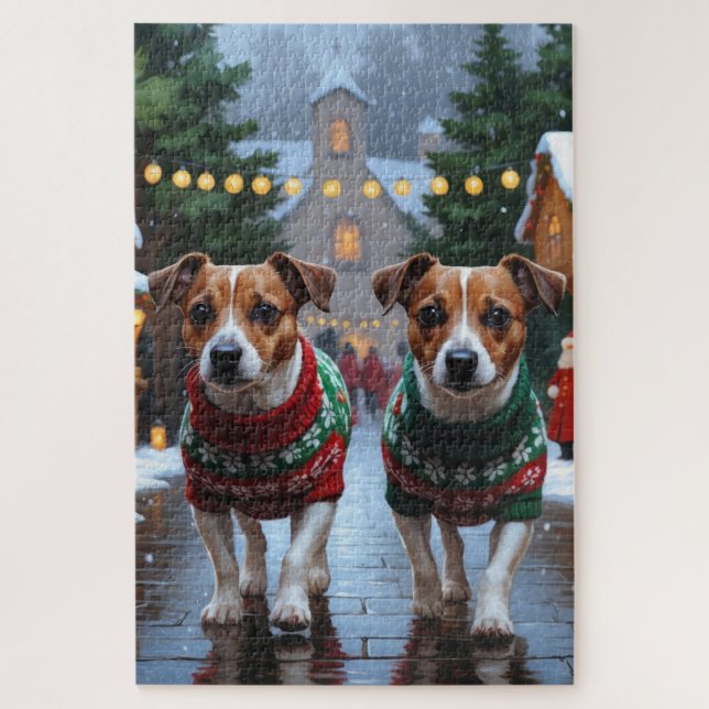 Puzzle Chiens Jack Russell Noël Neige Fêtes (Vertical)