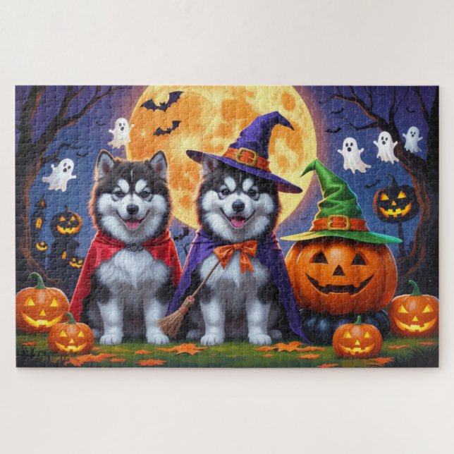 Puzzle Chiens malamuts de l'Alaska Citrouille Halloween d (Horizontal)