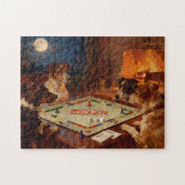 Puzzle Chiens mignons drôles jouant à un jeu de société (Horizontal)