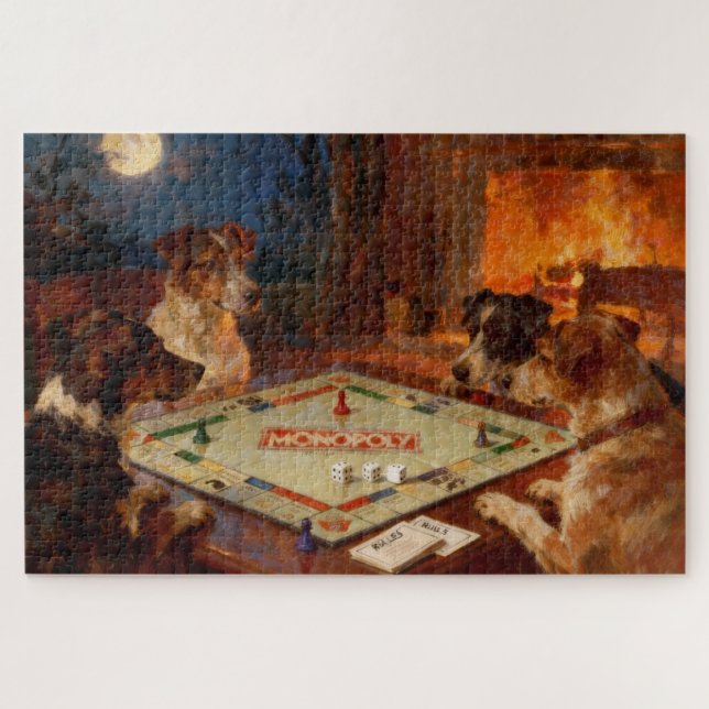 Puzzle Chiens mignons drôles jouant à un jeu de société (Horizontal)