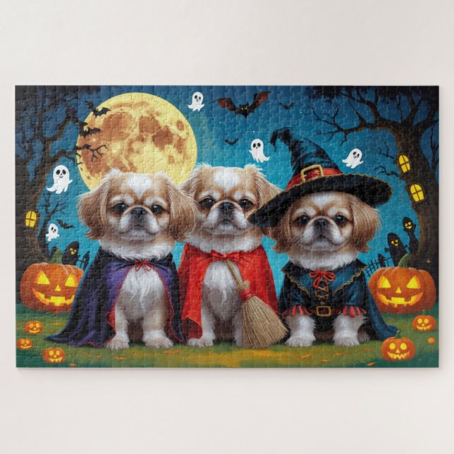 Puzzle Chiens Pekingese Citrouille Halloween drôle (Horizontal)