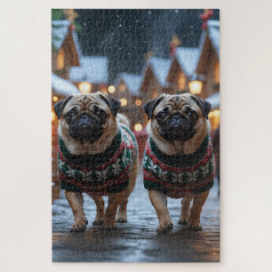 Puzzle Chiens Pug Noël Fête de la neige