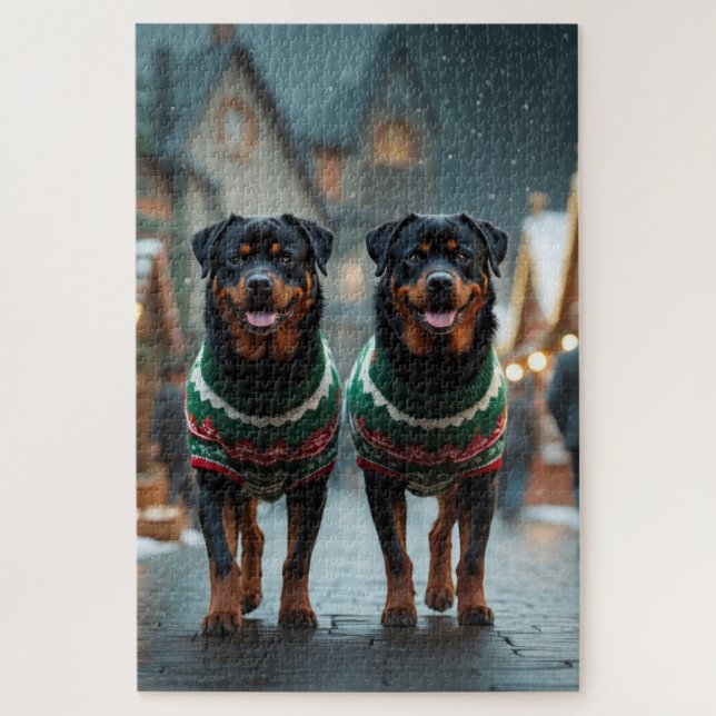 Puzzle Chiens Rottweiler Noël Neige Fêtes (Vertical)