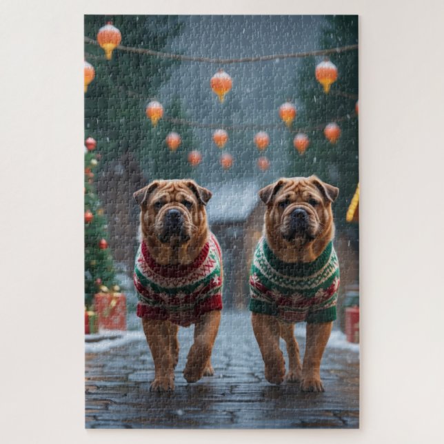 Puzzle Chiens Shar Pei Noël Neige Fêtes (Vertical)