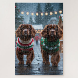 Puzzle Chiens Spaniel Tibétain Noël Neige Vacances