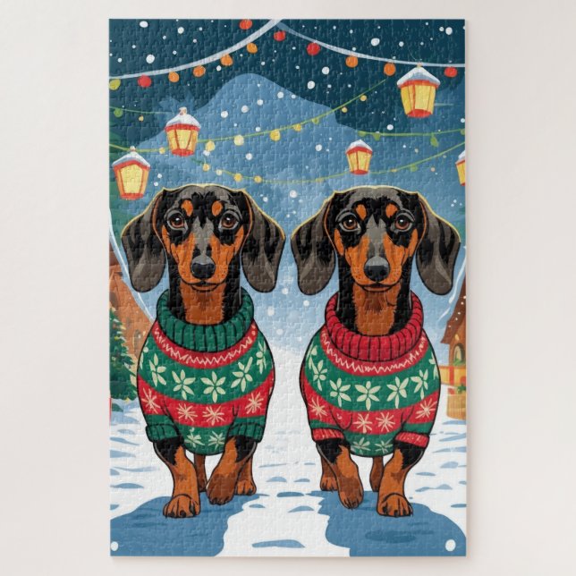 Puzzle Chiens Teckel Noël Neige Fêtes (Vertical)