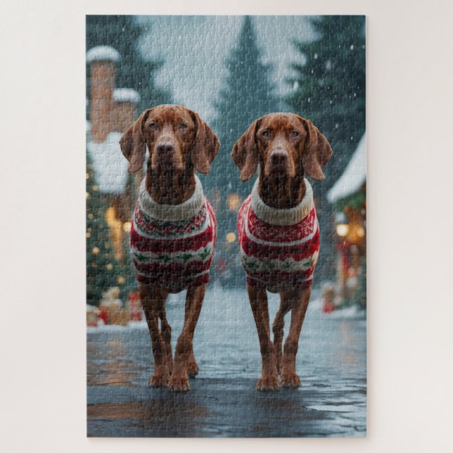 Puzzle Chiens Vizsla Noël Neige Fêtes (Vertical)