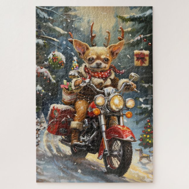 Puzzle Chihuahua à moto Noël  (Vertical)