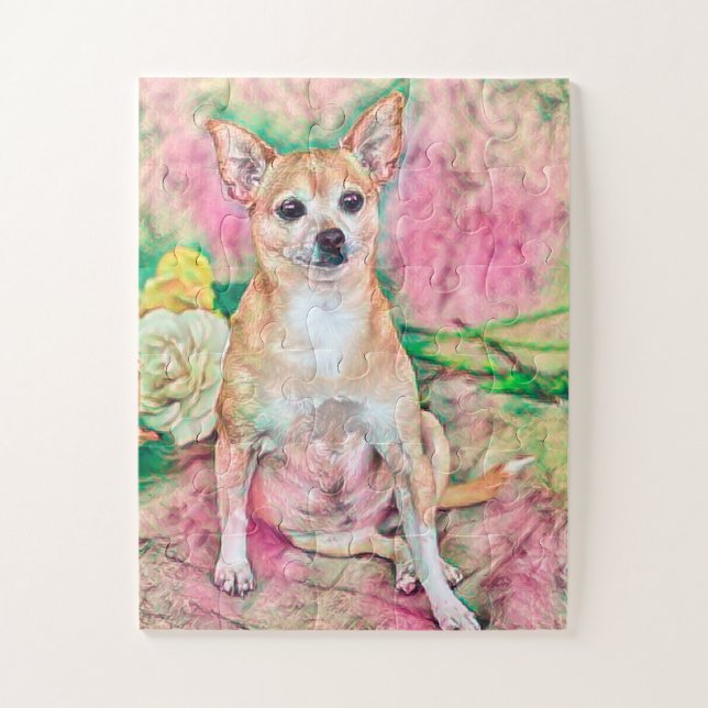 Puzzle Chihuahua Art rose vert Portrait de chien (Vertical)
