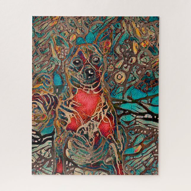 Puzzle Chihuahua Art Turquoise Brown Portrait de chien (Vertical)