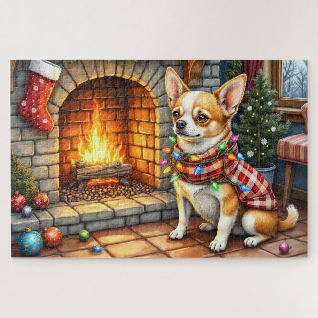 Puzzle Chihuahua Assis Devant une Cheminée avec des Lumiè (Horizontal)