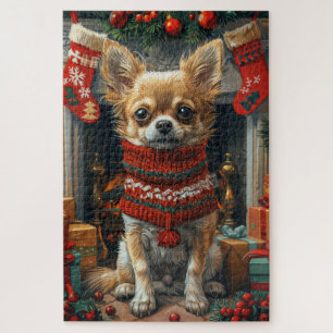 Puzzle Chihuahua Chien avec des cadeaux de Noël cheminée