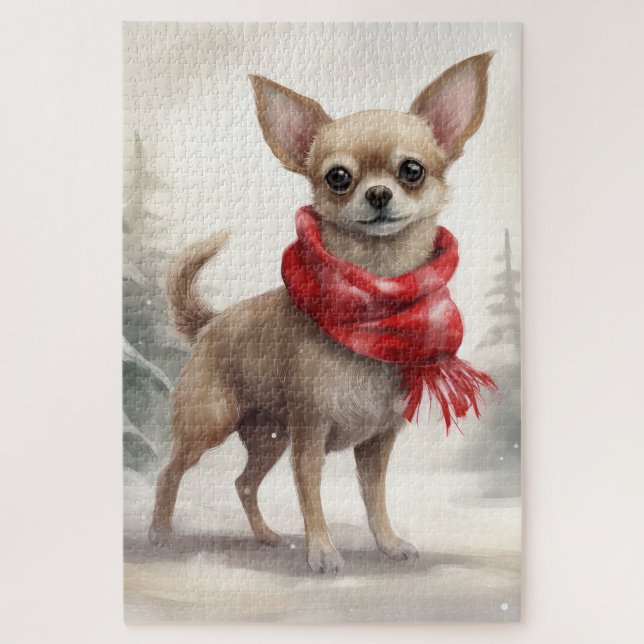 Puzzle Chihuahua Chien dans la neige Noël  (Vertical)