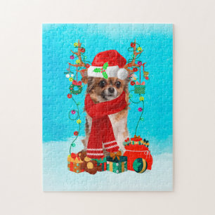 Puzzle Chihuahua dans la neige avec cadeaux de Noël