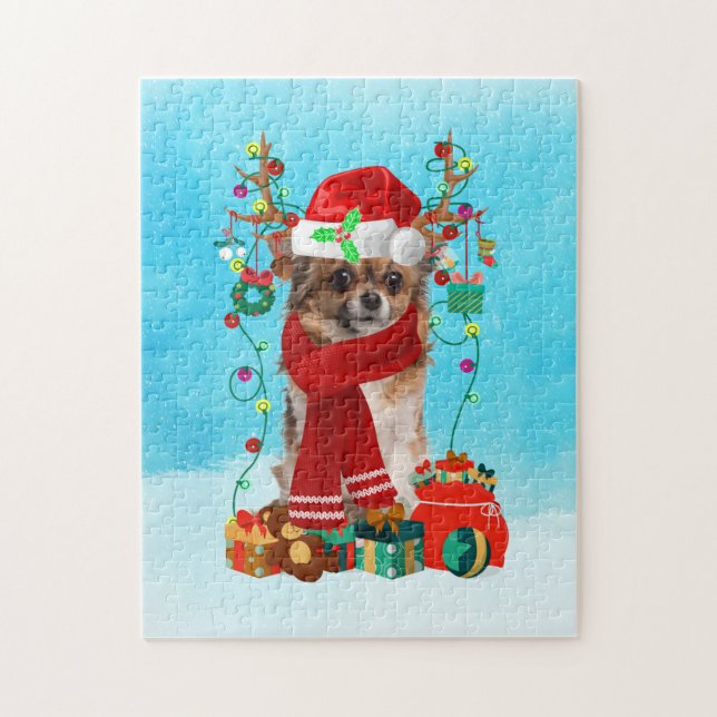 Puzzle Chihuahua dans la neige avec cadeaux de Noël (Vertical)