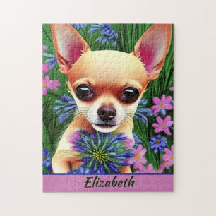 Puzzle Chihuahua Puppy dans la prairie de fleurs Personna