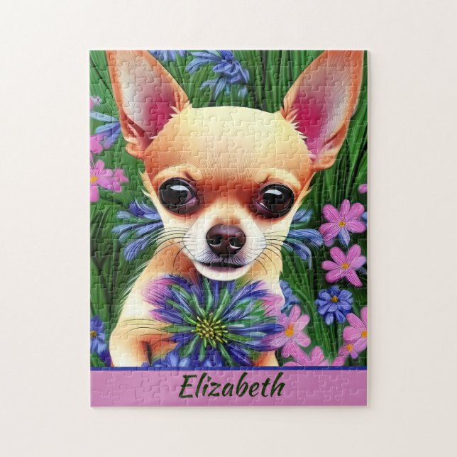 Puzzle Chihuahua Puppy dans la prairie de fleurs Personna (Vertical)