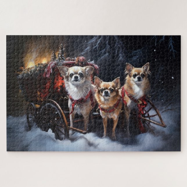 Puzzle Chihuahua Snowy Sleigh Christmas Decor  (Horizontal)
