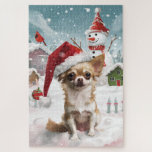Puzzle Chihuahua Winter Wonderland Christmas Joy<br><div class="desc">Ce design festif reflète l'esprit joyeux de la période des fêtes, avec un adorable petit portant un chapeau de Père Noël. Le chien est niché dans un pays des merveilles hivernales, avec un bonhomme de neige, un sapin de Noël décoré et des cadeaux joliment emballés. Les flocons de neige tombent...</div>