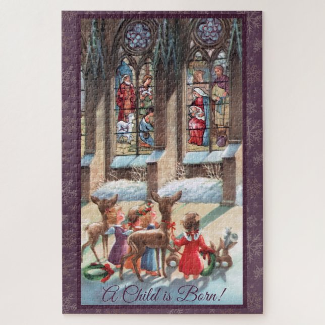 Puzzle Children at the Church Window Christmas  (Vertical)