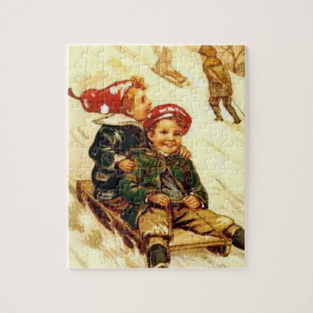 Puzzle Children Fun Sledding Vintage Winter Scene (Vertical)