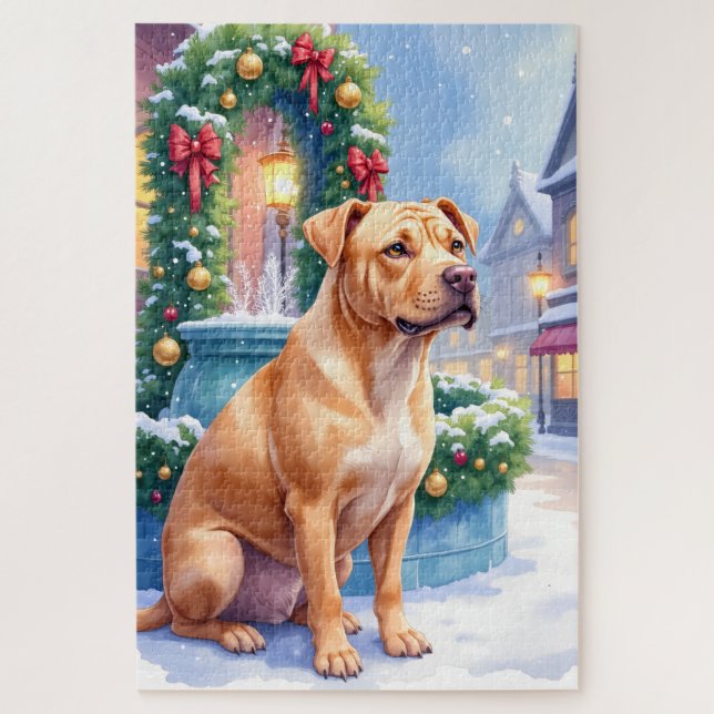 Puzzle Chinese Shar-Pei Snowy Town Fountain Christmas Art (Vertical)