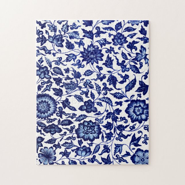 Puzzle Chinois bleu marine foncé motif floral sur blanc (Vertical)