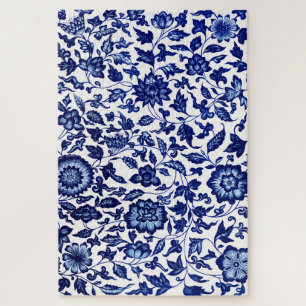 Puzzle Chinois bleu marine foncé motif floral sur blanc